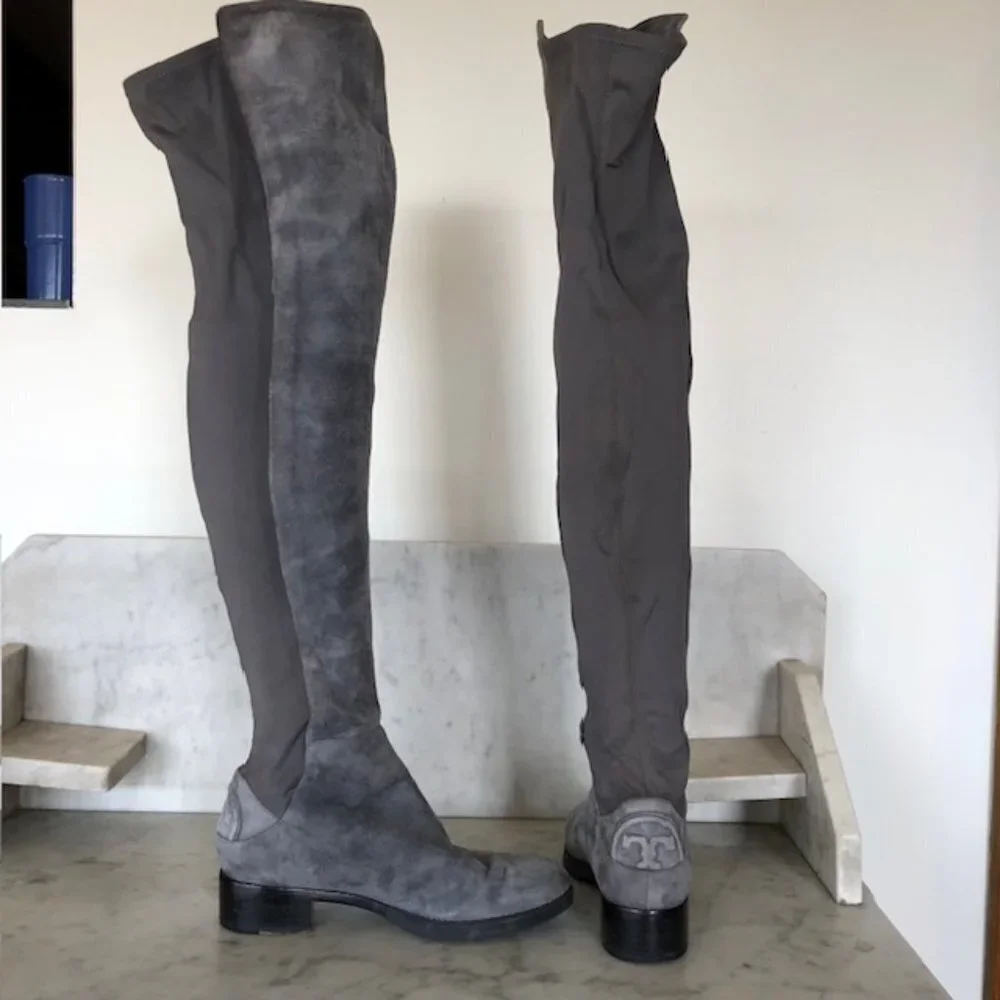 TORY BURCH Caitlin Over Knee Gray Elastic Stretch Suede  Boot 6M